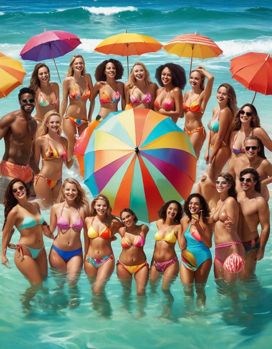 A vibrant summer scene featuring diverse groups of people joyfully wearing stylish swimsuits, embracing each other at a beach party. Incorporate colorful beach umbrellas and a gentle ocean wave in the background, reflecting the warmth of community and togetherness. Add playful elements like beachballs and ice cream to enhance the joy. Bright and lively atmosphere. super-realistic. vibrant colors.